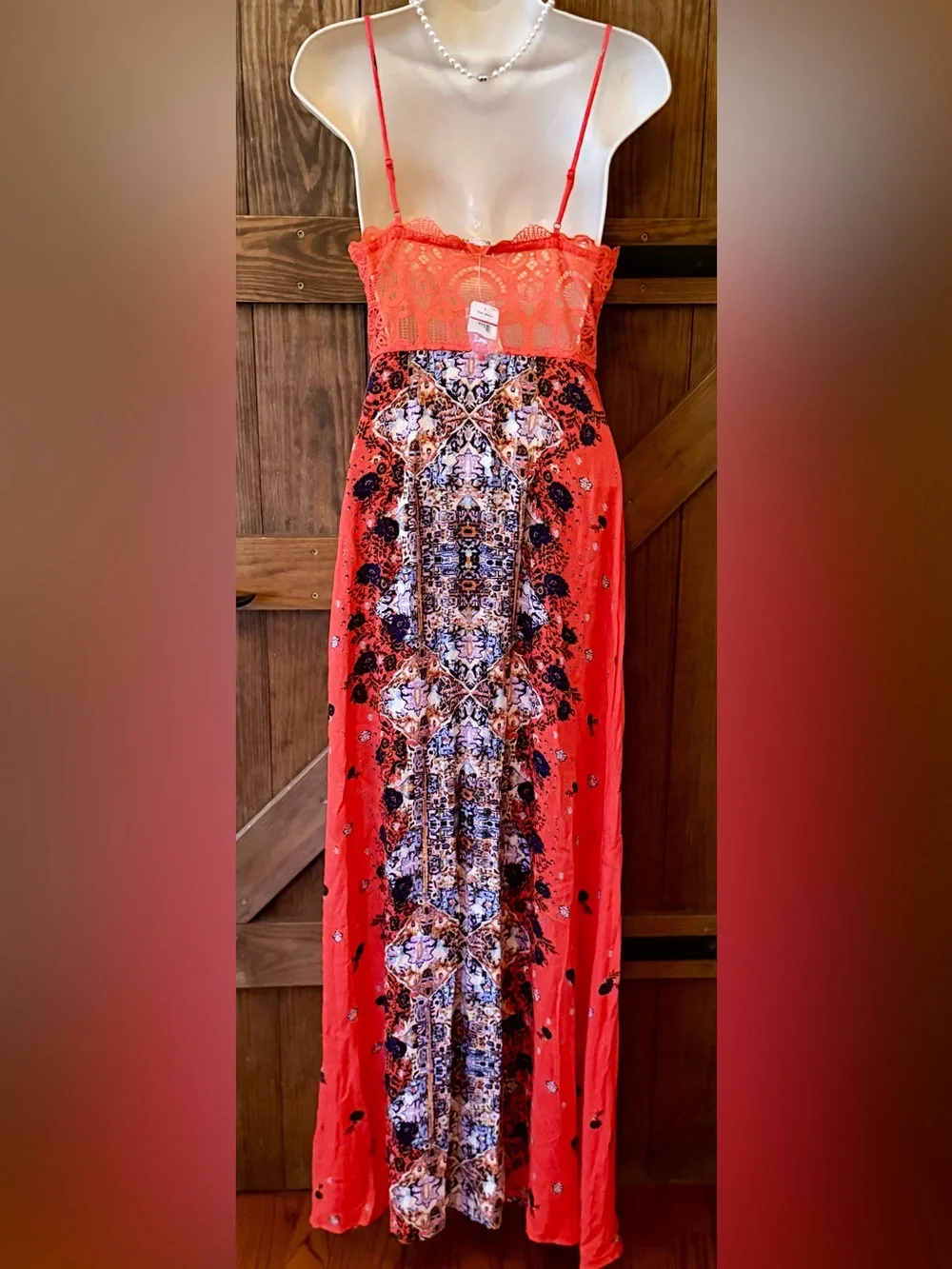 Free People Intimately Red Maxi Dress with Intricate Center Print